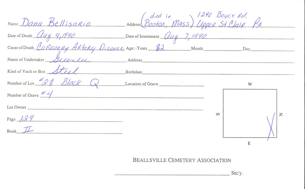 Dana Bellisario  burial card